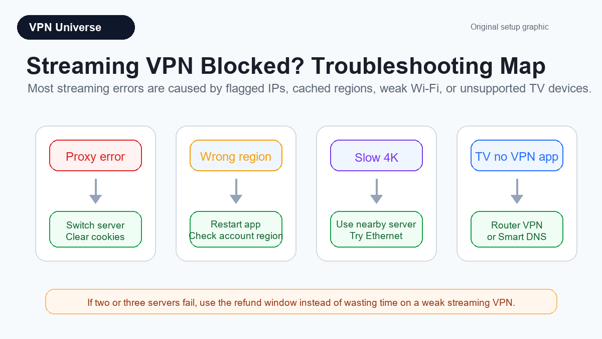 Troubleshooting map for common streaming VPN blocks