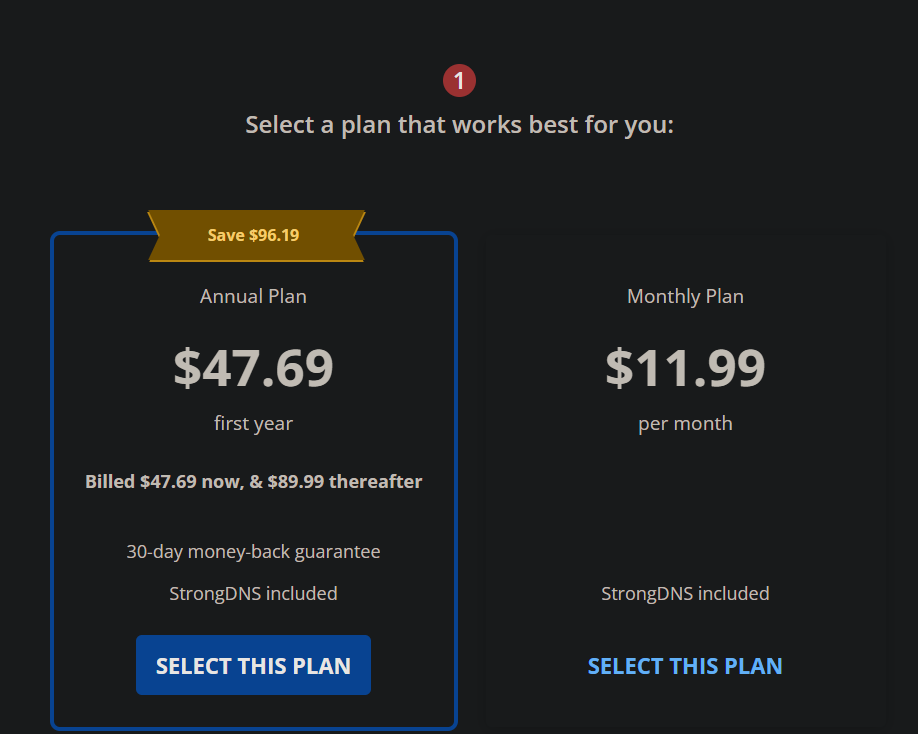 StrongVPN Pricing Plan